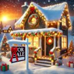 Festive real estate-themed Christmas image featuring a cozy snow-covered house with holiday decorations, including wreaths, string lights, and a 'For Sale' sign with a red ribbon, set against a glowing winter sunset backdrop.