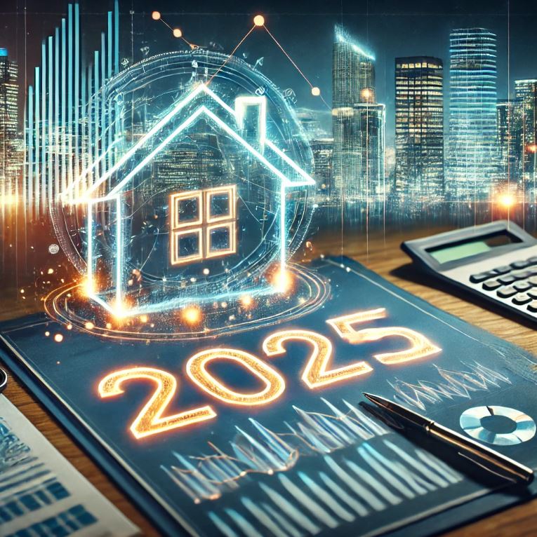 Modern illustration representing real estate loans in 2025, featuring a futuristic city skyline, a glowing calendar marking '2025,' and financial symbols like a house icon, documents, and graphs.