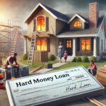 A family rebuilding their home after a wildfire, with construction materials and a partially built house in the background. A financial document labeled 'Hard Money Loan' is featured in the foreground, symbolizing financial support. The scene is illuminated by sunlight breaking through clouds, representing hope and recovery.